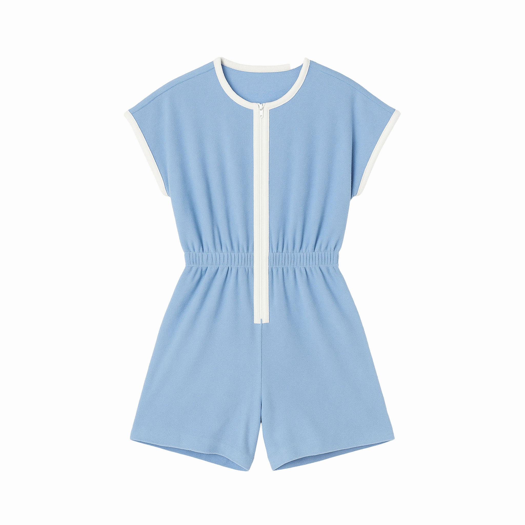 Light blue romper with white trim on a white background